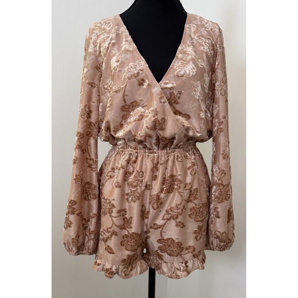 Wild Honey Pants - Wild Honey Burnout Velvet Floral Romper Rose Gold Long Sleeve Ruffle‎ Small